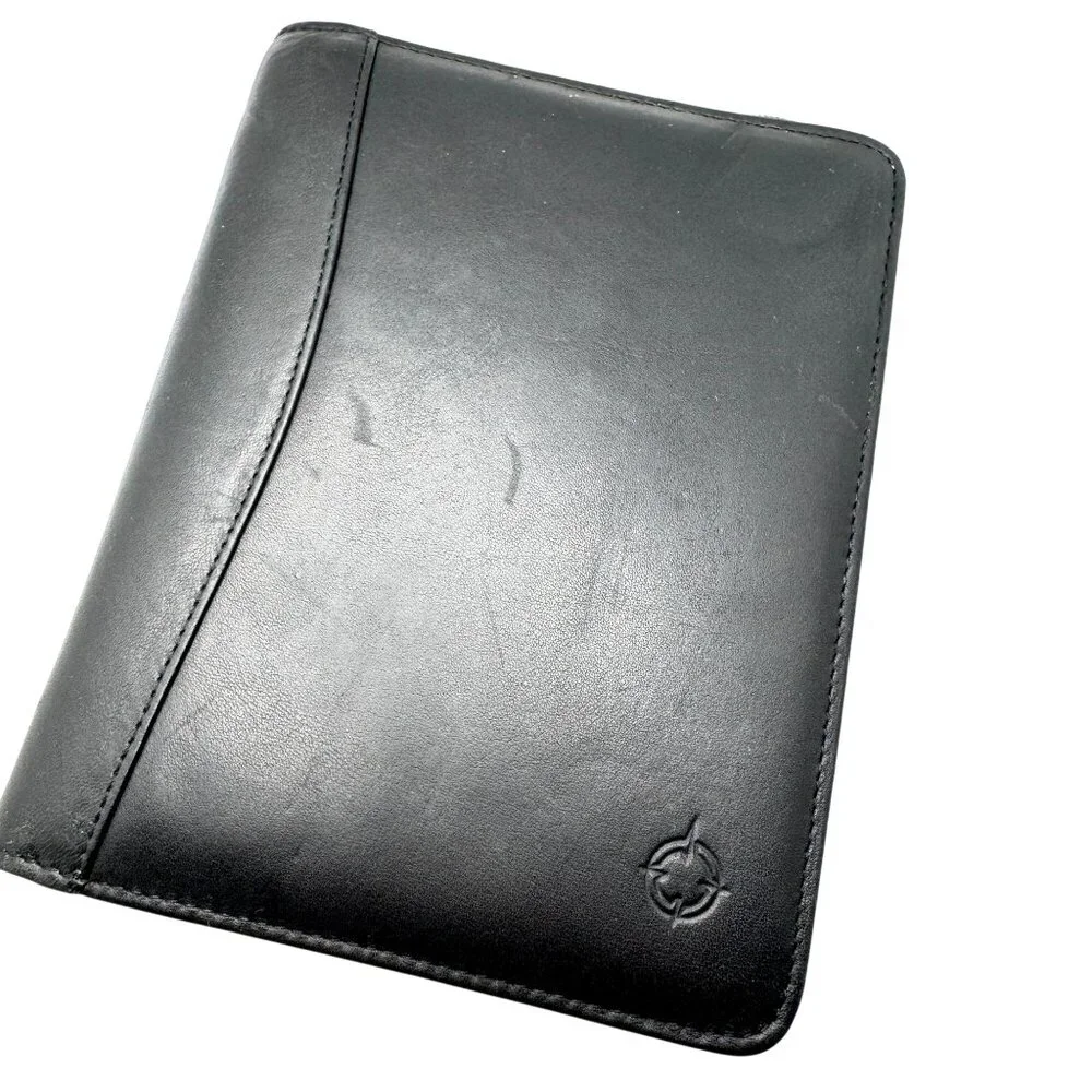 Franklin Quest Vtg Black Full Grain Leather Pocket Page Siz 6 Ring Zip Binder